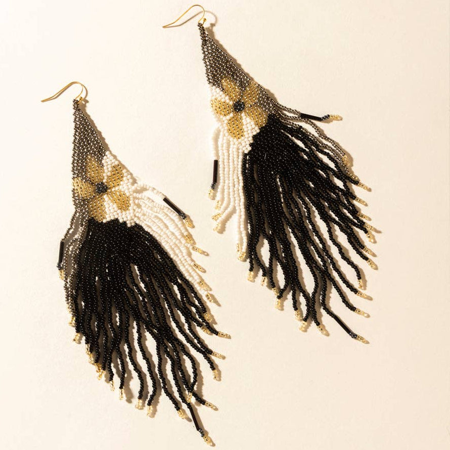 Moonlit Sage Beaded Fringe Earrings in Midnight Coal