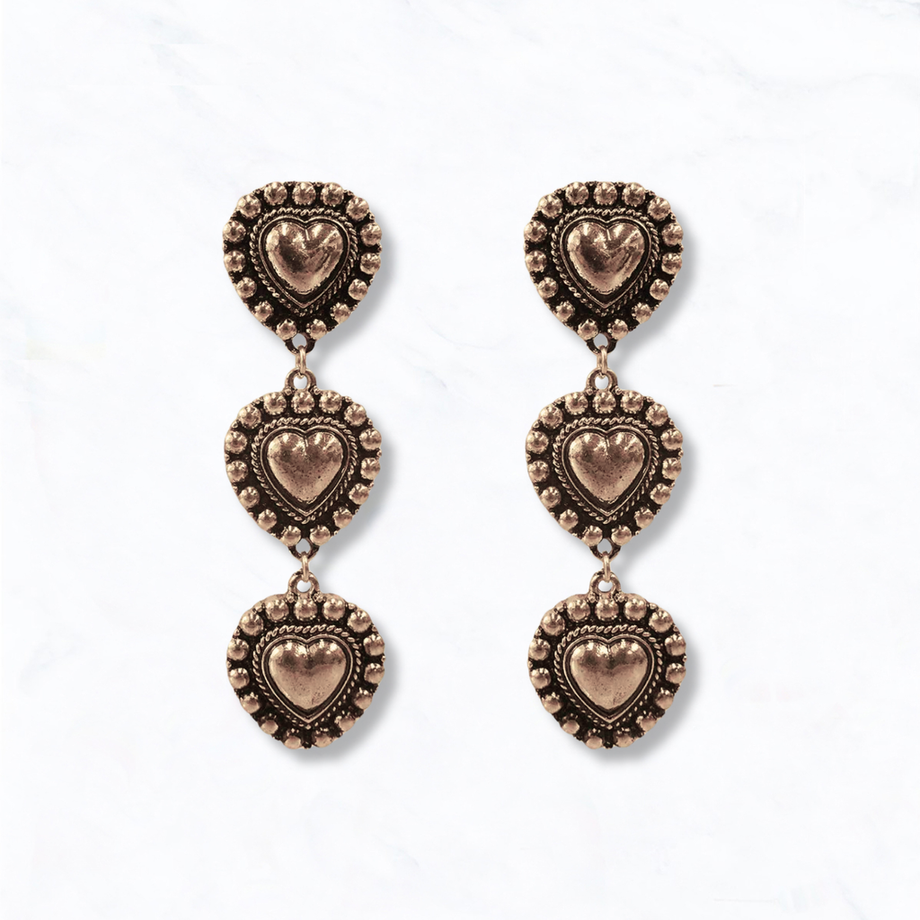 Western Triple Heart Concho Dangle Earrings in Silver Tone