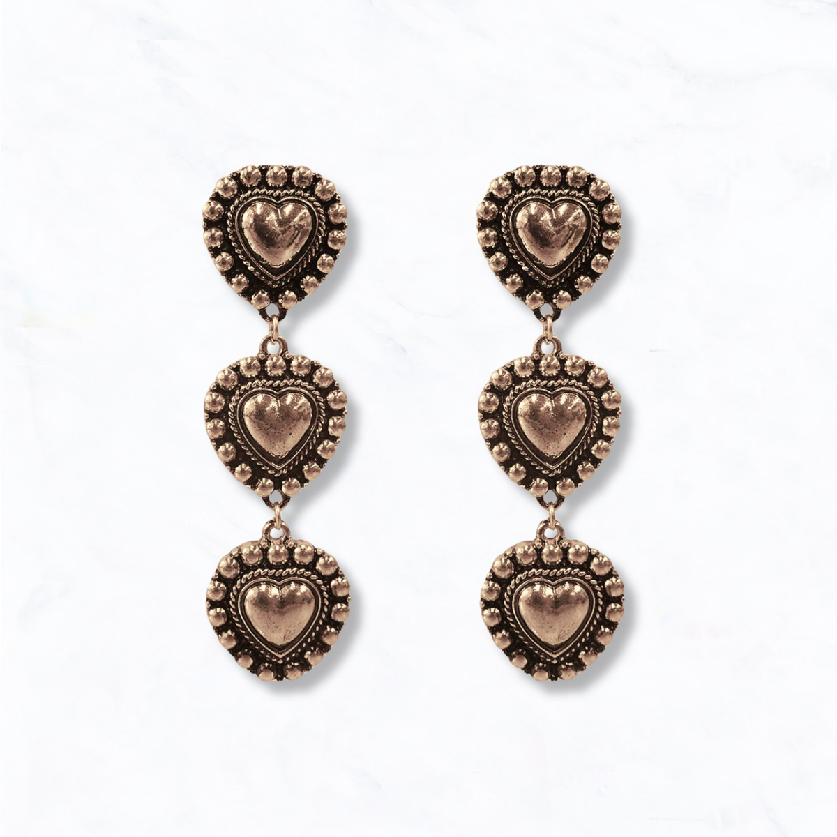Western Triple Heart Concho Dangle Earrings in Silver Tone