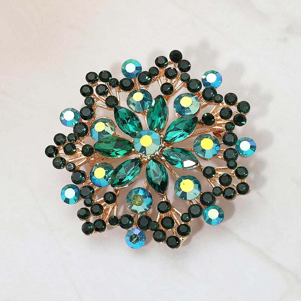 Floral Crystal Rhinestone Cluster Pin Brooch