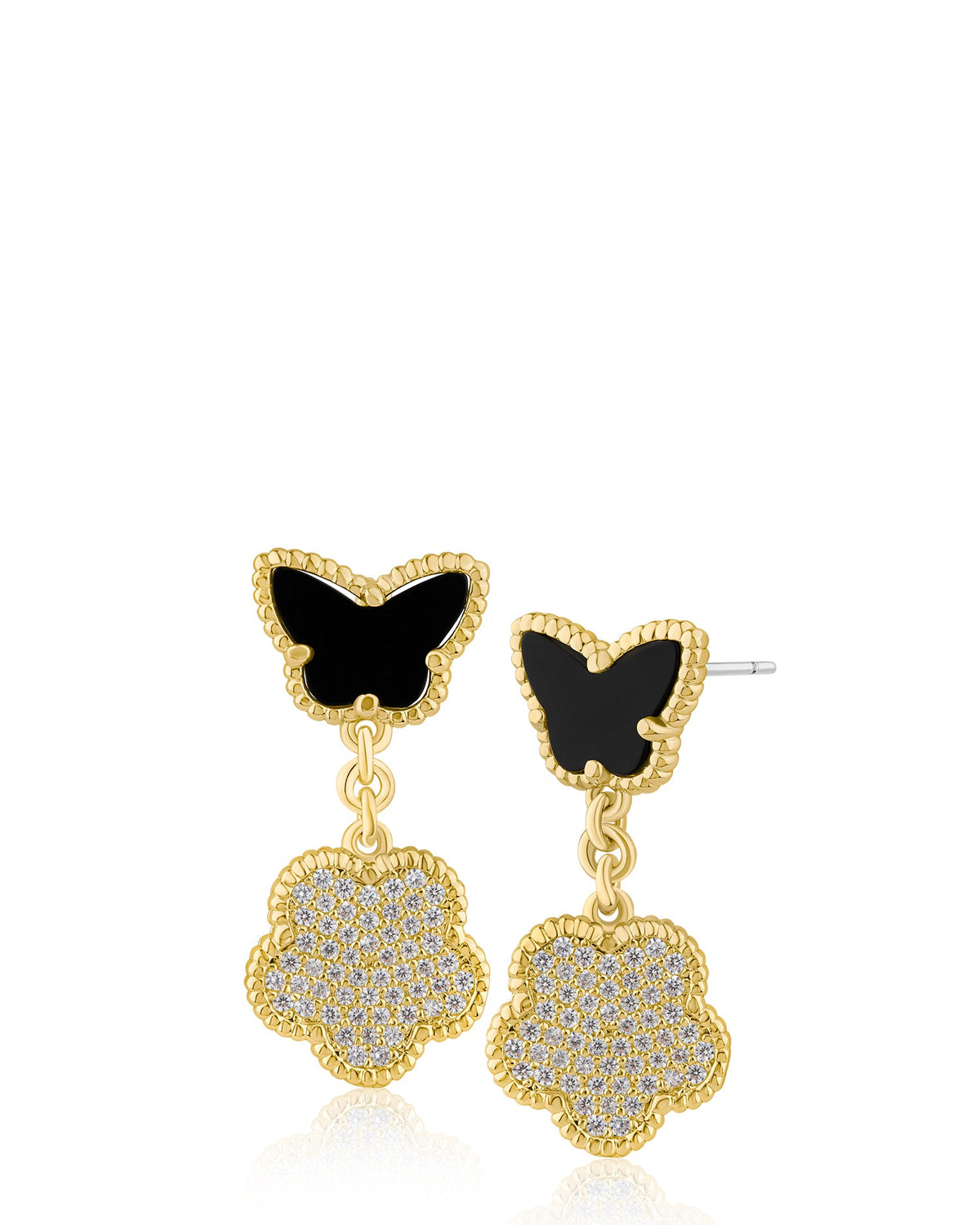 Pavé CZ Butterfly & Clover Drop Earrings