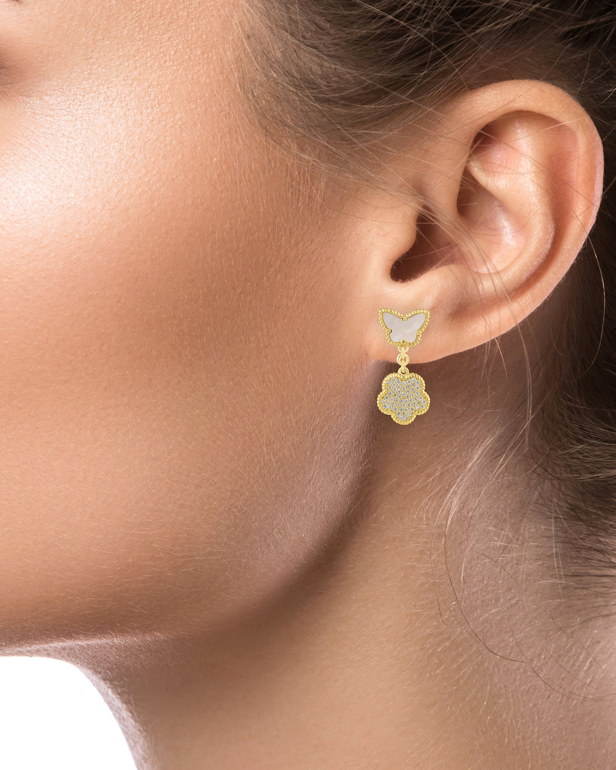 Pavé CZ Butterfly & Clover Drop Earrings