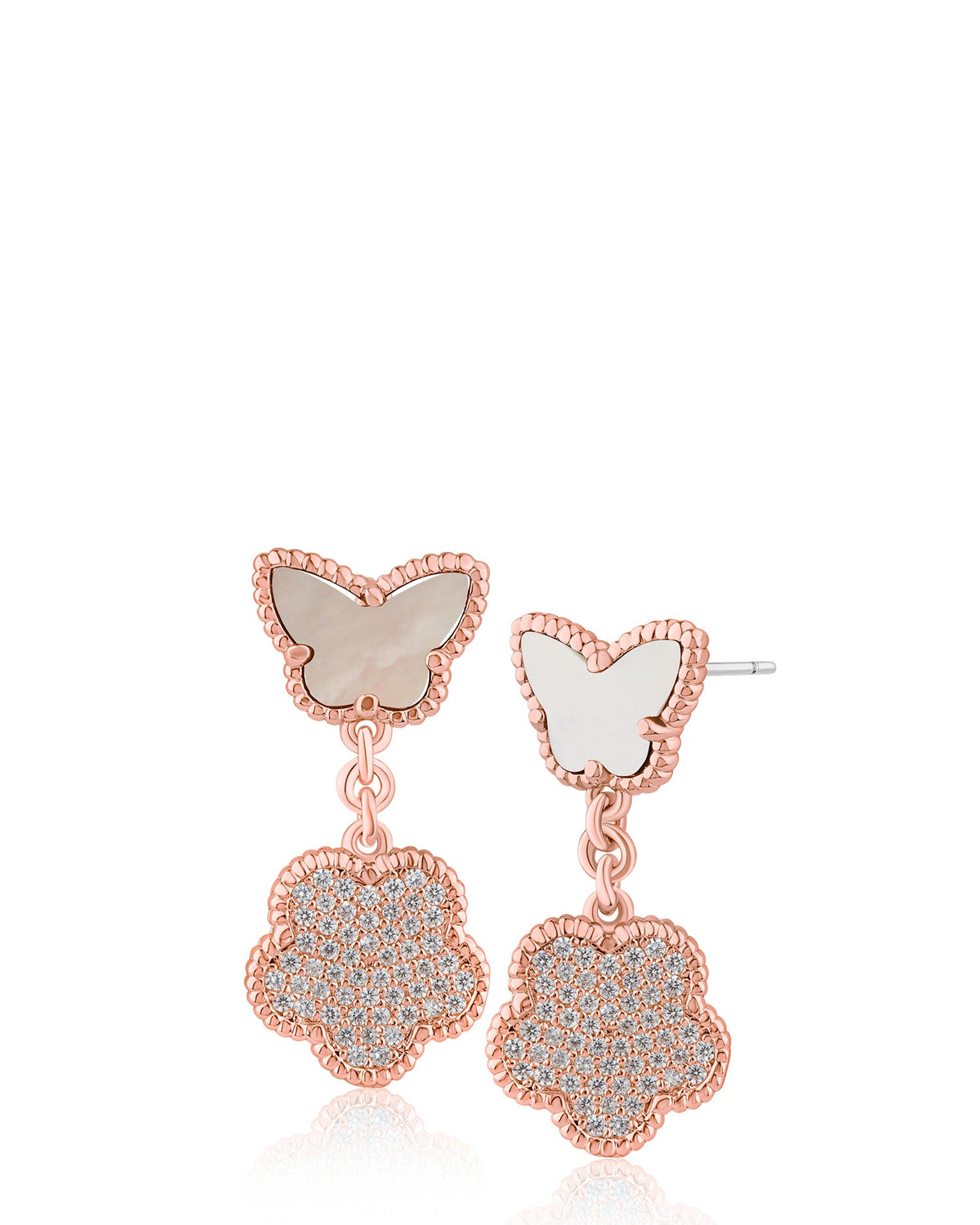 Pavé CZ Butterfly & Clover Drop Earrings