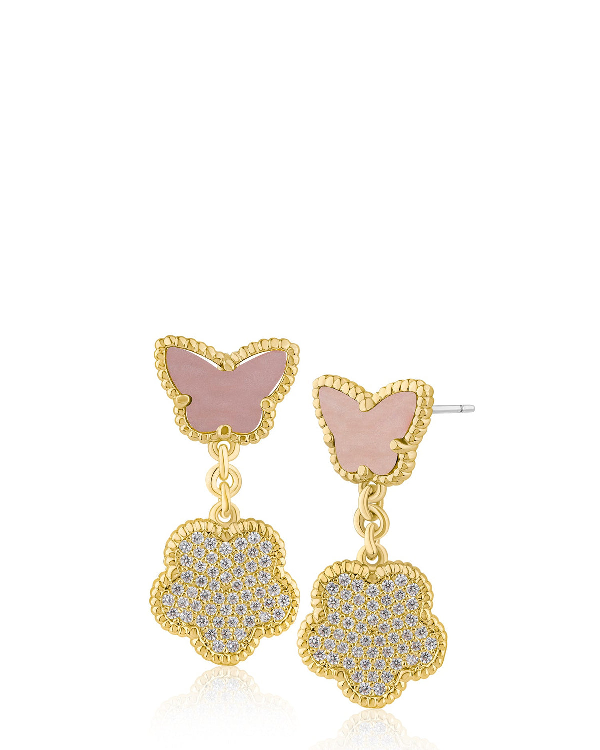 Pavé CZ Butterfly & Clover Drop Earrings