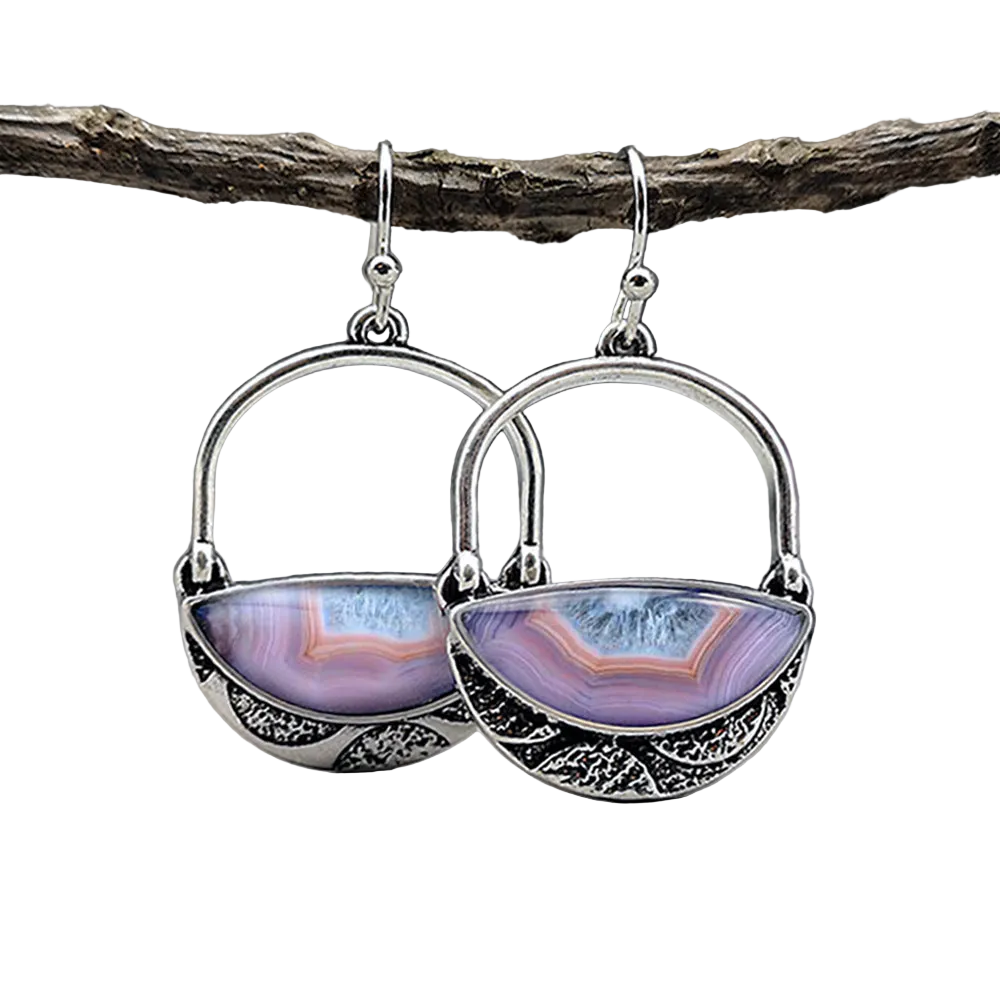 Purple Agate Sier Oxide Vintage Gemstone Earrings