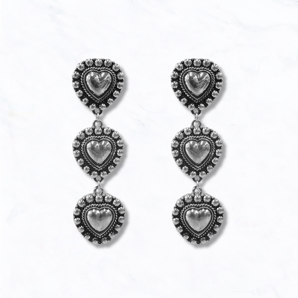 Western Triple Heart Concho Dangle Earrings in Silver Tone