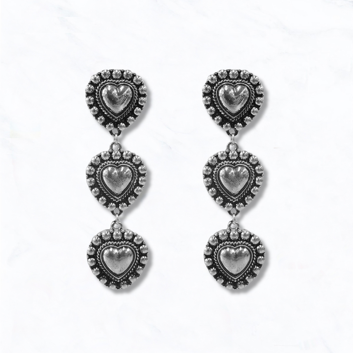 Western Triple Heart Concho Dangle Earrings in Silver Tone