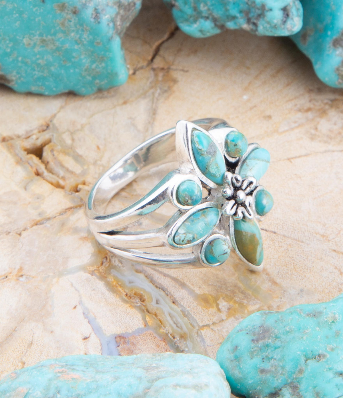 Floral Blue Turquoise and Sterling Silver Statement Ring