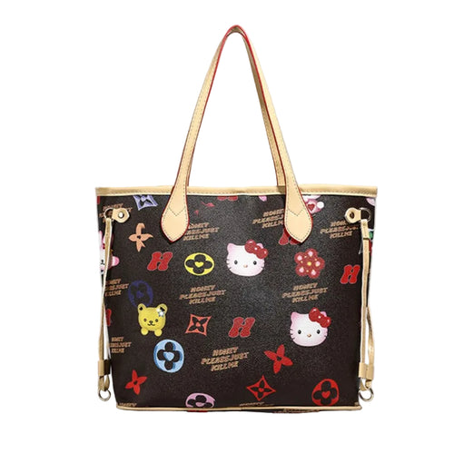 Designer inspired handbag with colorful pattern on a gray background