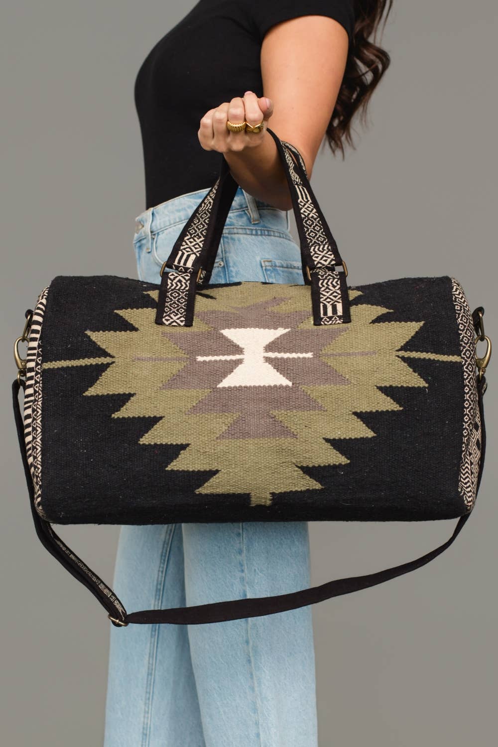 Black, Olive, Gray & Cream Western Duffel Travel Bag