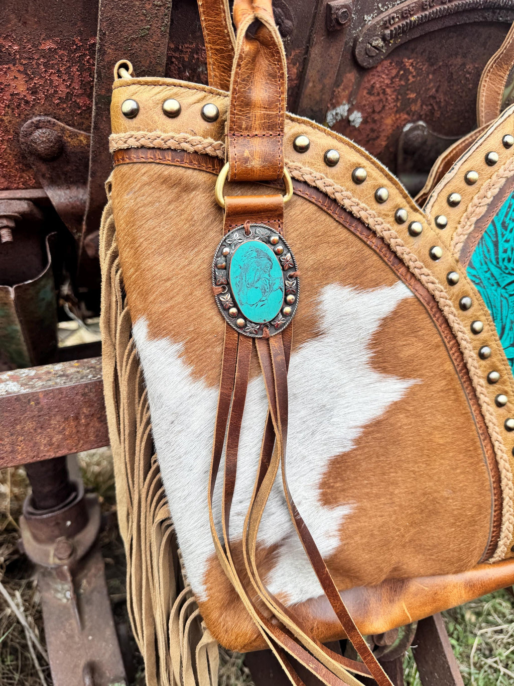 Turquoise Gypsy Leather Fringe Tote Bag by Double B
