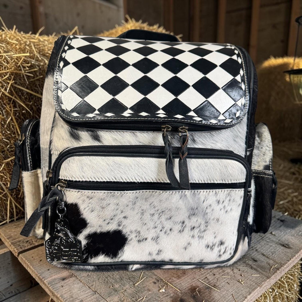Genuine Cowhide Leather Checkered Backpack