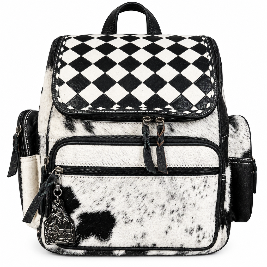 Genuine Cowhide Leather Checkered Backpack