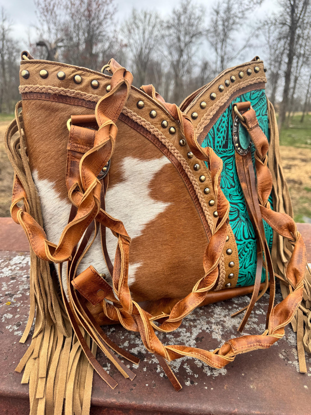 Turquoise Gypsy Leather Fringe Tote Bag by Double B