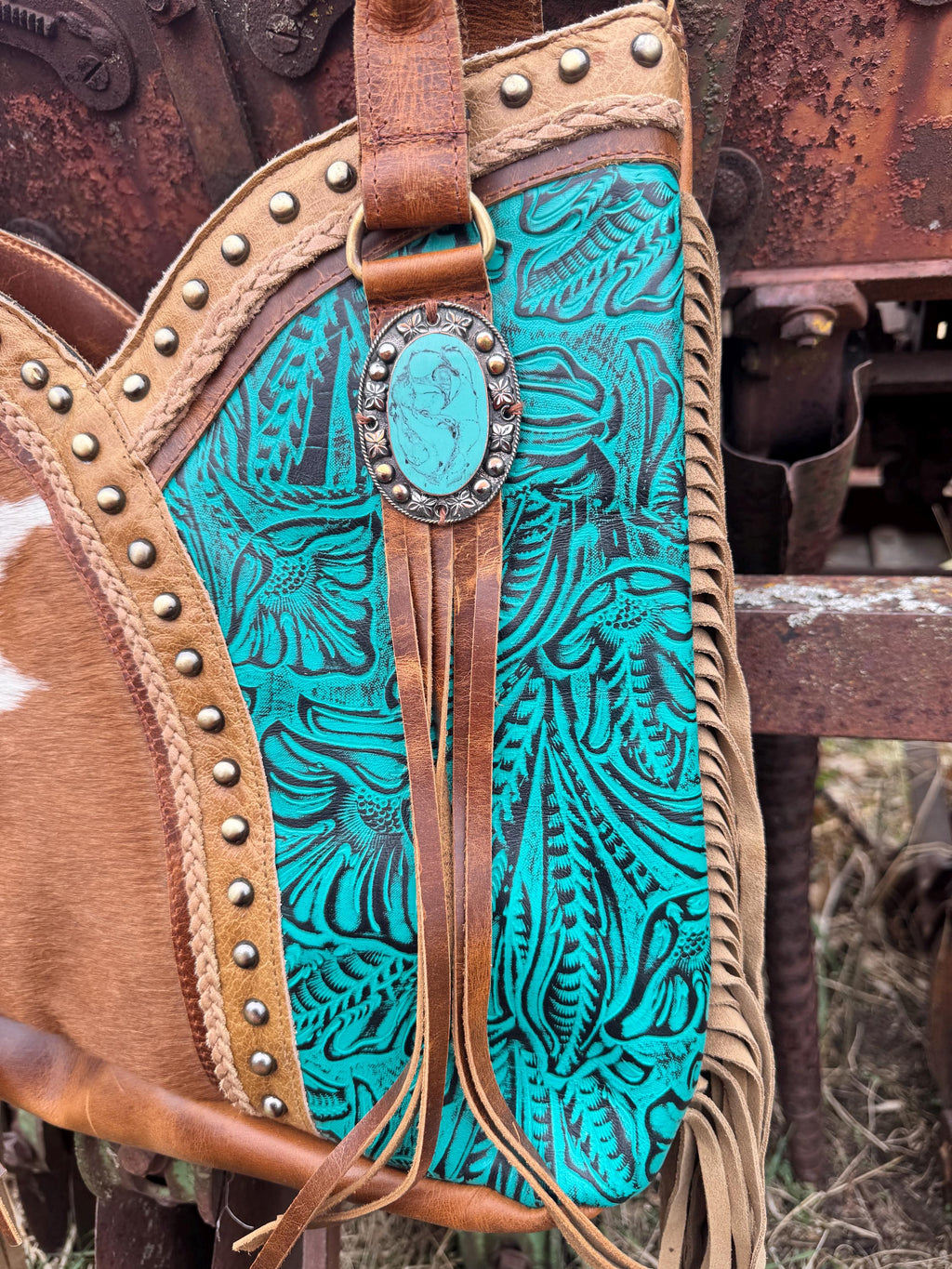 Turquoise Gypsy Leather Fringe Tote Bag by Double B