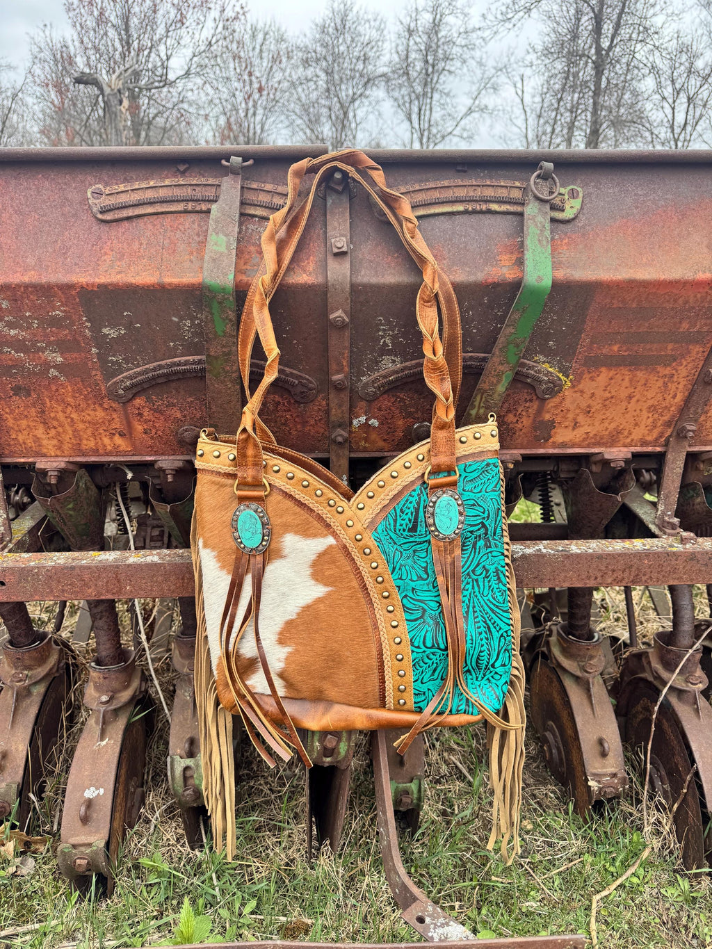 Turquoise Gypsy Leather Fringe Tote Bag by Double B