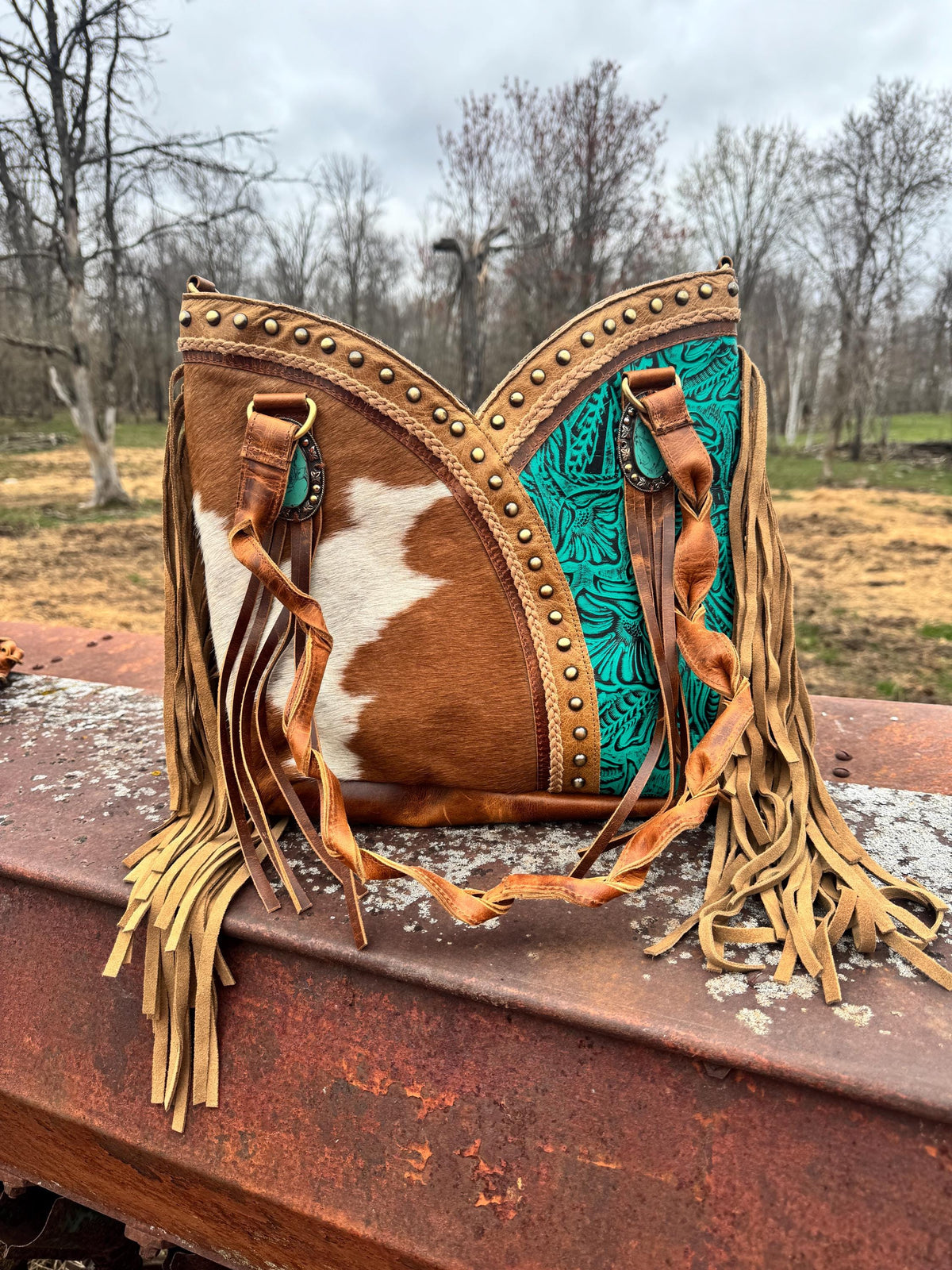 Turquoise Gypsy Leather Fringe Tote Bag by Double B