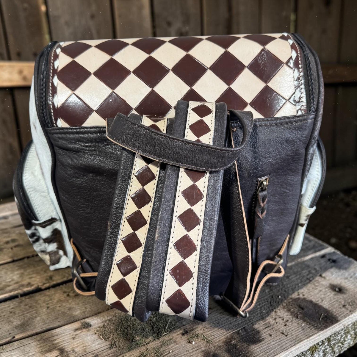 Genuine Cowhide Leather Checkered Backpack