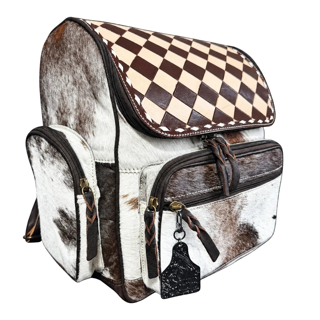 Genuine Cowhide Leather Checkered Backpack