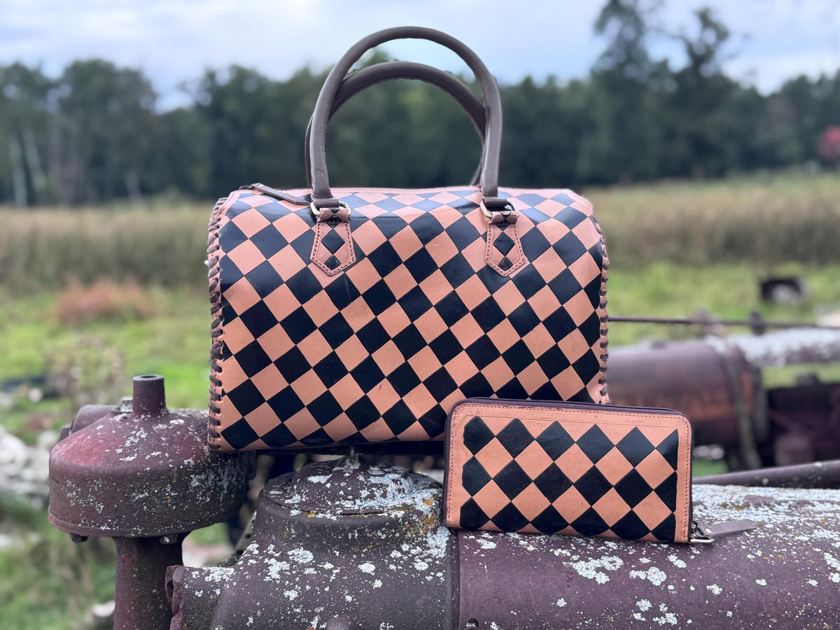 Caramel Espresso Checkered Leather Speedy Purse with Optional Wallet
