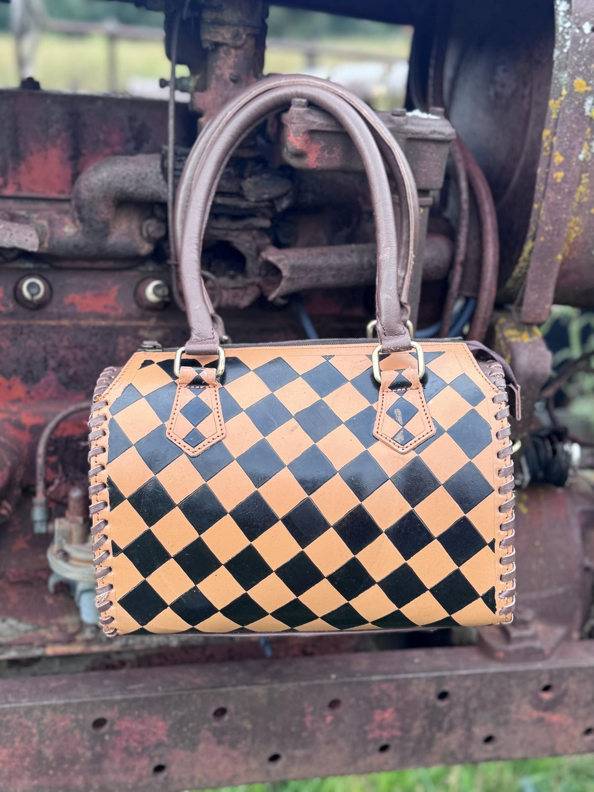 Caramel Espresso Checkered Leather Speedy Purse with Optional Wallet