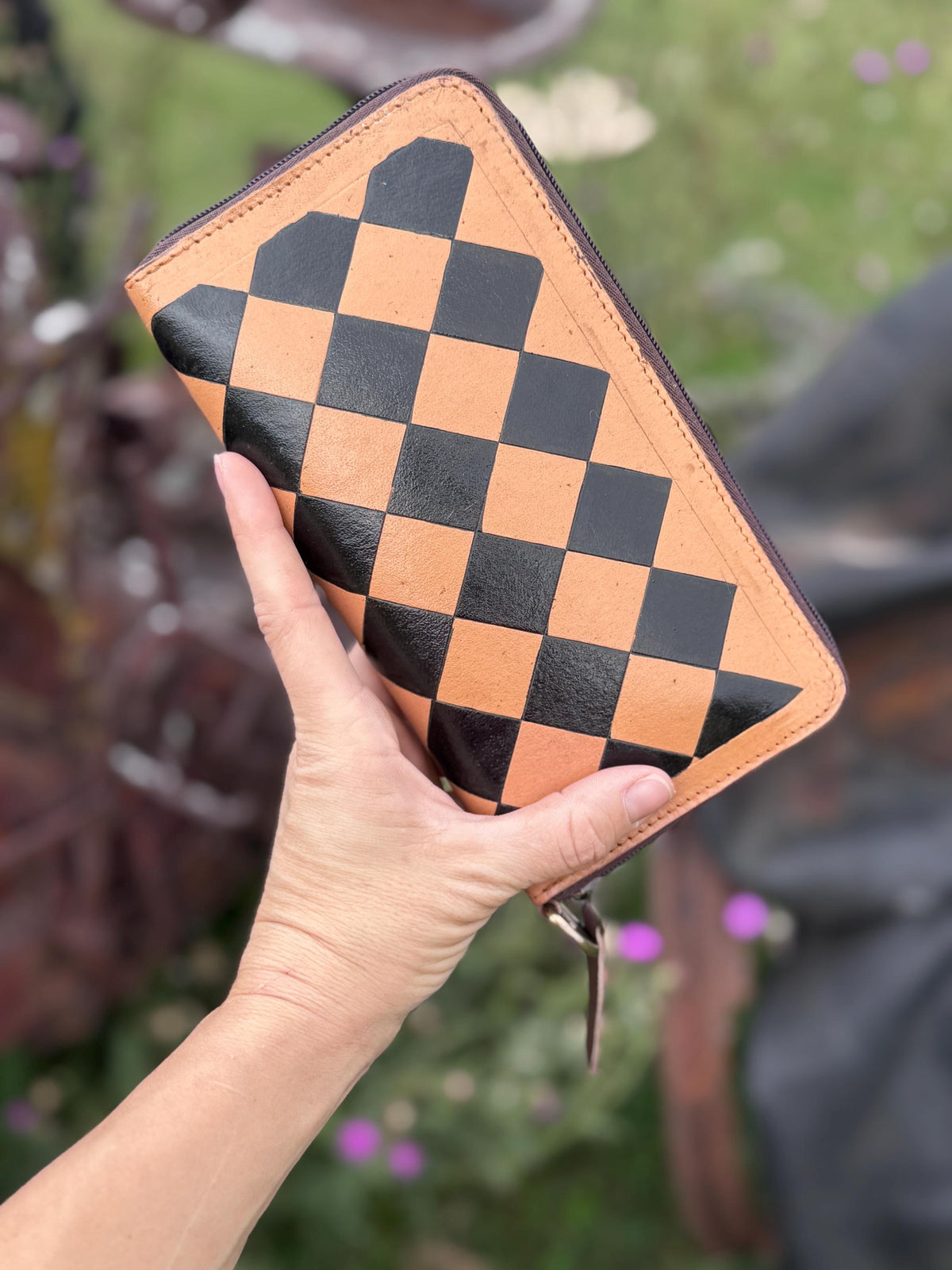 Caramel Espresso Checkered Leather Speedy Purse with Optional Wallet