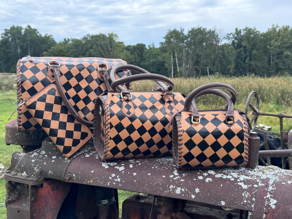 Caramel Espresso Checkered Leather Speedy Purse with Optional Wallet