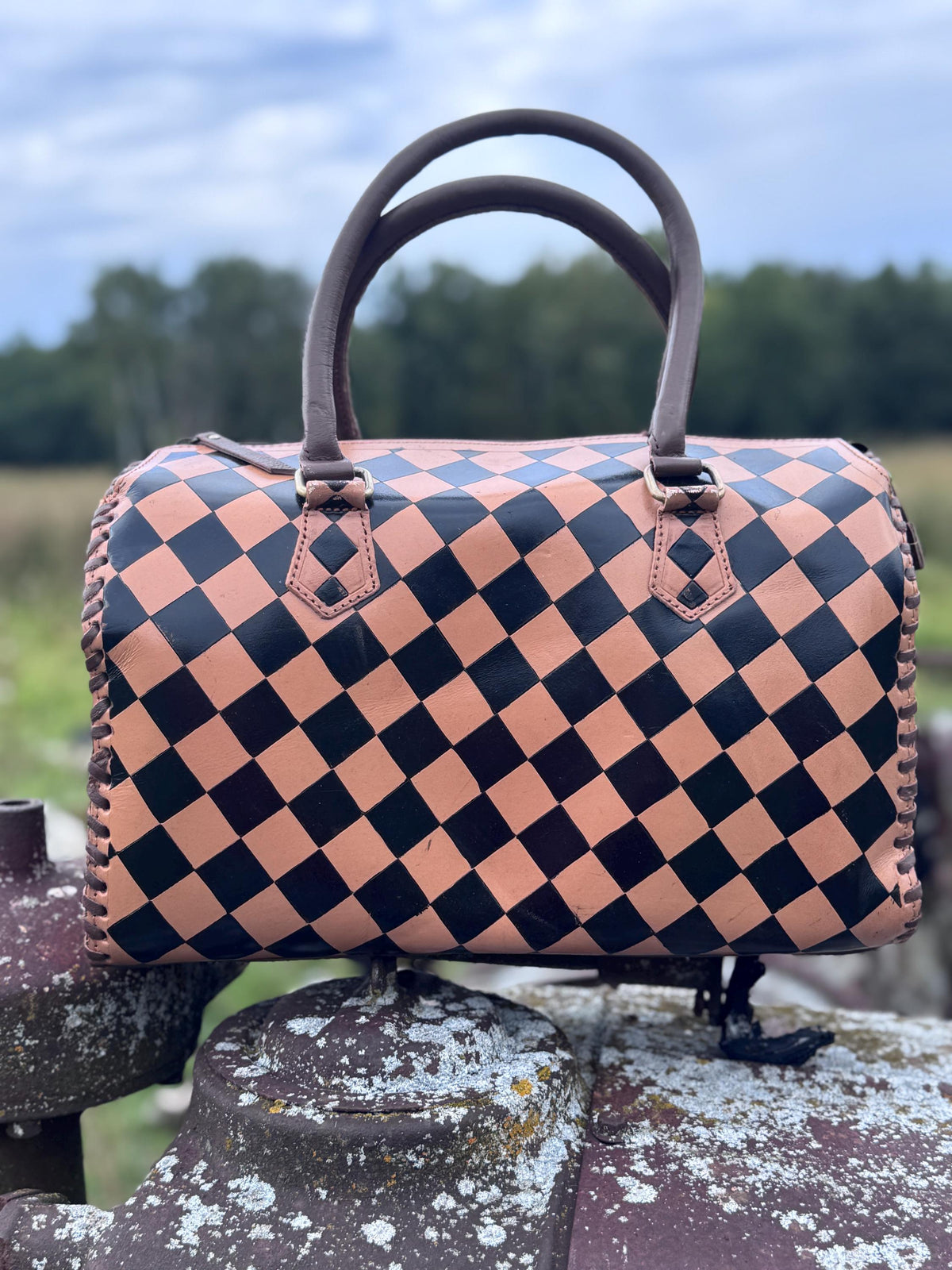 Caramel Espresso Checkered Leather Speedy Purse with Optional Wallet