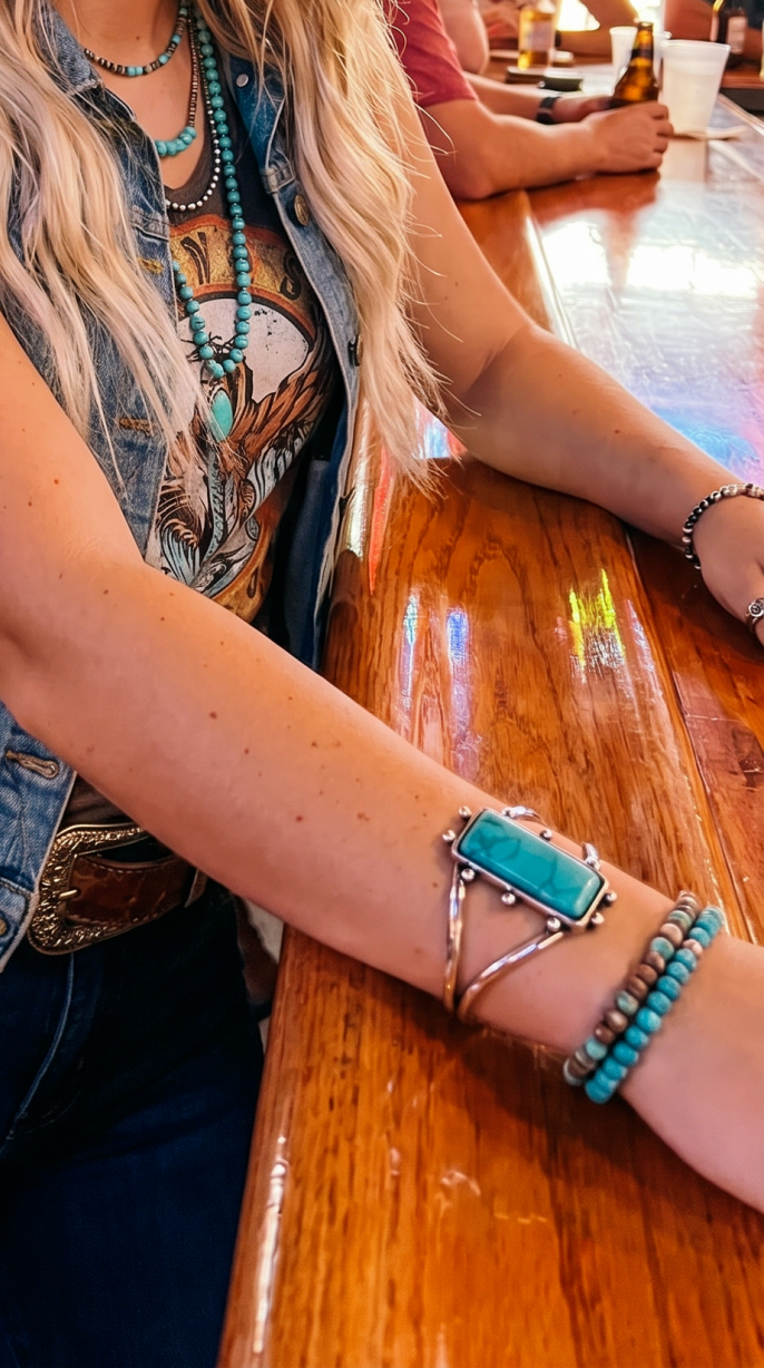 Western Cuff Bracelet Silver Tone Faux Turquoise Rectangle Stone