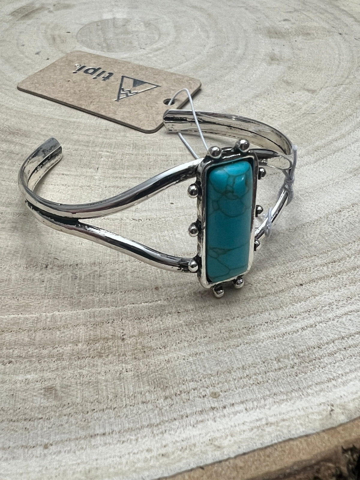 Western Cuff Bracelet Silver Tone Faux Turquoise Rectangle Stone