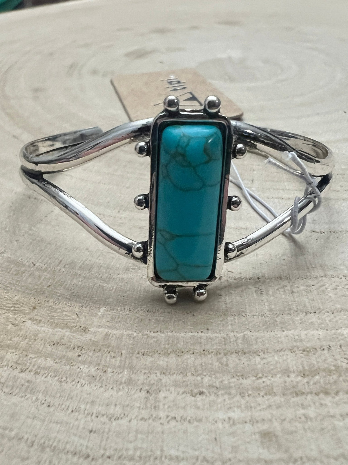 Western Cuff Bracelet Silver Tone Faux Turquoise Rectangle Stone