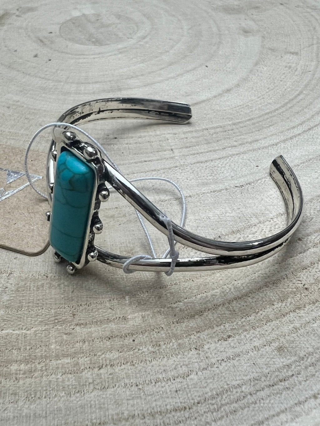 Western Cuff Bracelet Silver Tone Faux Turquoise Rectangle Stone