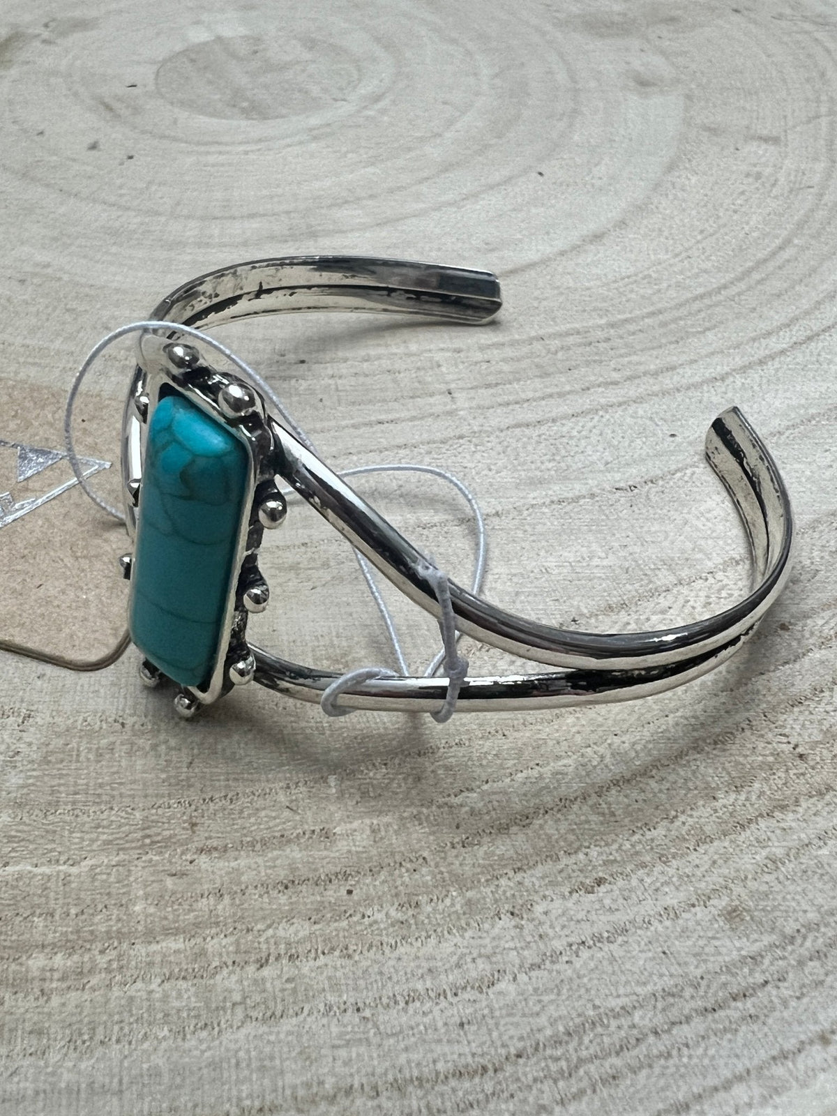 Western Cuff Bracelet Silver Tone Faux Turquoise Rectangle Stone