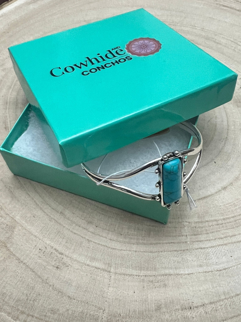 Western Cuff Bracelet Silver Tone Faux Turquoise Rectangle Stone